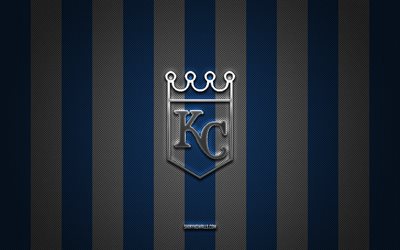 logo des royals de kansas city, club de baseball américain, mlb, fond de carbone blanc bleu, emblème des royals de kansas city, baseball, royals de kansas city, états-unis, ligue majeure de baseball, logo en métal argenté des royals de kansas city
