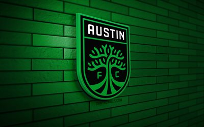 logo austin fc 3d, 4k, muro di mattoni verde, mls, calcio, squadra di calcio americana, logo austin fc, logo sportivo, austin fc