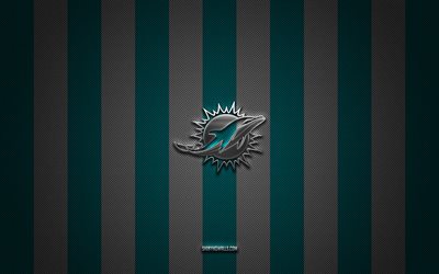 logo der miami dolphins, american-football-team, nfl, blau-weißer karbonhintergrund, emblem der miami dolphins, american football, logo der miami dolphins aus silbermetall, miami dolphins