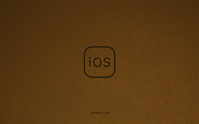 ios-logo, 4k, logos mobiler betriebssysteme, ios-emblem, braune steinstruktur, ios, technologiemarken, ios-zeichen, brauner steinhintergrund, apple