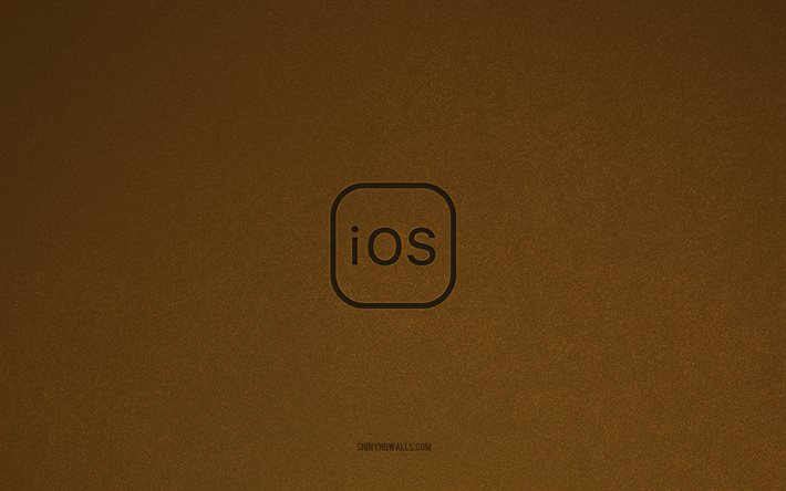 ios ロゴ, 4k, モバイル オペレーティング システムのロゴ, ios エンブレム, 茶色の石のテクスチャ, ios, テクノロジーブランド, ios サイン, 茶色の石の背景, アップル