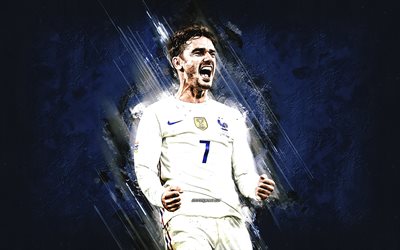Antoine Griezmann, France national football team, portrait, blue stone background, football, France, world football star