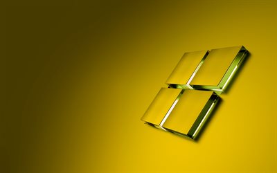 windows logosu, 4k, sarı windows cam logosu, sarı arka plan, windows amblemi, windows 3d logosu, işletim sistemi, windows, cam sanatı