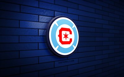 logo chicago fire 3d, 4k, mur de briques bleu, mls, football, club de football américain, logo chicago fire, chicago fire, logo sportif, chicago fire fc