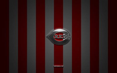 شعار سينسيناتي ريدز, نادي البيسبول الأمريكي, mlb, أحمر أبيض الكربون الخلفية, البيسبول, سينسيناتي ريدز, الولايات المتحدة الأمريكية, بطولة البيسبول الكبرى, شعار cincinnati reds المعدني الفضي