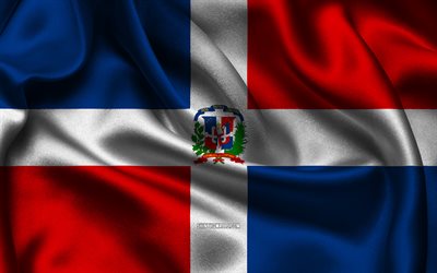 Dominican Republic flag, 4K, North American countries, satin flags, flag of Dominican Republic, Day of Dominican Republic, wavy satin flags, Dominican Republic national symbols, North America, Dominican Republic
