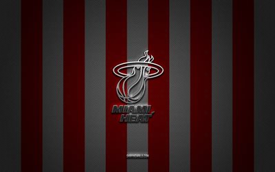 logotipo de miami heat, equipo de baloncesto americano, nba, fondo de carbono blanco rojo, emblema de miami heat, baloncesto, logotipo de metal plateado de miami heat, miami heat