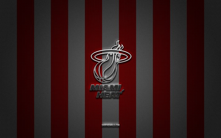 Miami Heat logo, american basketball team, NBA, red white carbon background, Miami Heat emblem, basketball, Miami Heat silver metal logo, Miami Heat