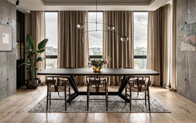 living room, loft style, modern interior design, gray concrete walls in the living room, brown curtains, living room idea, living room in loft style, large wooden dining table, stylish interior