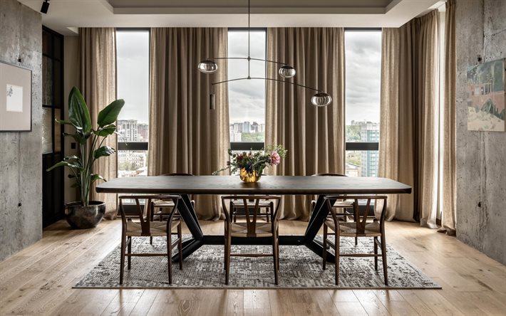living room, loft style, modern interior design, gray concrete walls in the living room, brown curtains, living room idea, living room in loft style, large wooden dining table, stylish interior