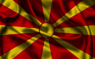 flagge nordmazedoniens, 4k, europäische länder, satinflaggen, tag nordmazedoniens, gewellte satinflaggen, mazedonische flagge, mazedonische nationalsymbole, europa, nordmazedonien