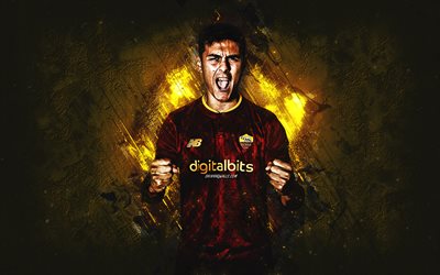 paulo dybala, as roma, porträt, argentinischer fußballspieler, orangefarbener steinhintergrund, serie a, italien, dybala roma, globale fußballstars