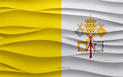 4k, Flag of Vatican City, 3d waves plaster background, Vatican City flag, 3d waves texture, Vatican national symbols, Day of Vatican City, European countries, 3d Vatican City flag, Vatican City, Europe