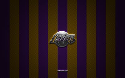 logotipo de los angeles lakers, equipo de baloncesto americano, nba, fondo de carbono amarillo violeta, emblema de los angeles lakers, baloncesto, logotipo de metal plateado de los angeles lakers, los angeles lakers, la lakers