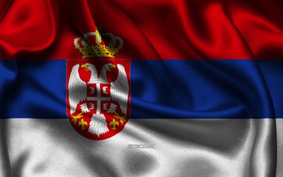 Serbia flag, 4K, European countries, satin flags, flag of Serbia, Day of Serbia, wavy satin flags, Serbian flag, Serbian national symbols, Europe, Serbia
