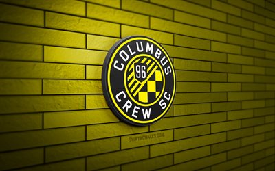 columbus crew 3d-logo, 4k, gelbe ziegelwand, mls, fußball, amerikanischer fußballverein, columbus crew-logo, columbus crew, sportlogo, columbus crew sc