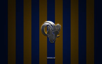 Los Angeles Rams logo, american football team, NFL, blue yellow carbon background, Los Angeles Rams emblem, american football, Los Angeles Rams silver metal logo, Los Angeles Rams, LA Rams