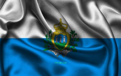San Marino flag, 4K, European countries, satin flags, flag of San Marino, Day of San Marino, wavy satin flags, San Marino national symbols, Europe, San Marino