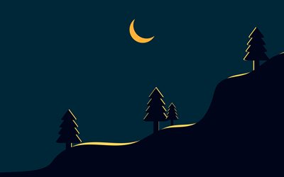 4k, nachtlandschaften minimalismus, berge, blaue hintergründe, tannenbaumsilhouette, mond, kreativ, abstrakte landschaften, abstrakte natur, abstrakte nachtlandschaften, silhouette der tanne