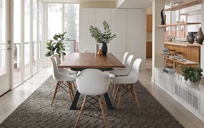 dining room, modern interior design, wooden table, white plastic chairs, white walls in the dining room, living room idea, dining room idea, white wardrobe without handles, stylish interior design