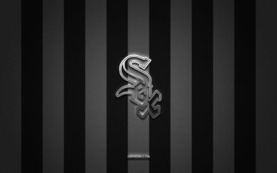 Chicago White Sox logo, American baseball club, MLB, white black carbon background, Chicago White Sox emblem, baseball, Chicago White Sox, USA, Major League Baseball, Chicago White Sox silver metal logo