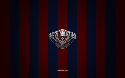 New Orleans Pelicans logo, american basketball team, NBA, red blue carbon background, New Orleans Pelicans emblem, basketball, New Orleans Pelicans silver metal logo, New Orleans Pelicans