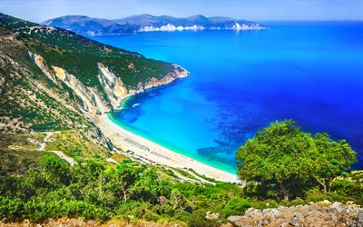Myrtos Beach, summer travel, Ionian Sea, coast, beautiful nature, Kefalonia, Greece, Europe, Greek landmarks, Kefalonia panorama, paradise