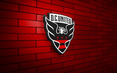dc united 3d-logo, 4k, rote ziegelwand, mls, fußball, amerikanischer fußballverein, dc united-logo, dc united, sportlogo, dc united fc