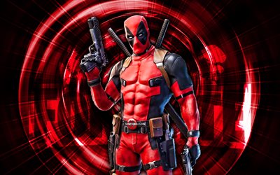Deadpool, 4k, red abstract background, Fortnite, abstract rays, Deadpool Skin, Fortnite Deadpool Skin, Fortnite characters, Deadpool Fortnite