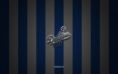 Los Angeles Dodgers logo, American baseball club, MLB, blue white carbon background, Los Angeles Dodgers emblem, baseball, Los Angeles Dodgers, USA, Major League Baseball, Los Angeles Dodgers silver metal logo