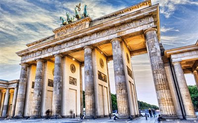 4k, Brandenburg Gate, Berlin, evening, sunset, Neoclassical architecture, Berlin main landmark, Berlin cityscape, Germany