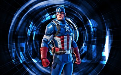 Captain America, 4k, blue abstract background, Fortnite, abstract rays, Captain America Skin, Fortnite Captain America Skin, Fortnite characters, Captain America Fortnite