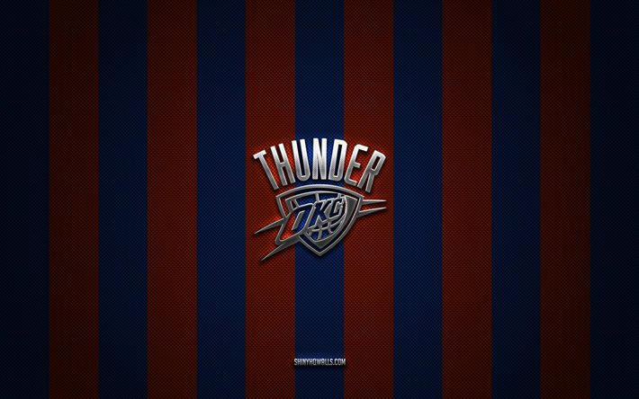 oklahoma city thunder-logo, amerikanisches basketballteam, nba, orange-blauer karbonhintergrund, oklahoma city thunder-emblem, basketball, oklahoma city thunder-silbermetalllogo, okc-logo, oklahoma city thunder, okc