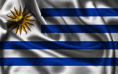 Uruguay flag, 4K, South American countries, satin flags, flag of Uruguay, Day of Uruguay, wavy satin flags, Uruguayan flag, Uruguayan national symbols, South America, Uruguay