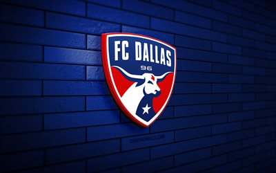 fc dallas 3d-logo, 4k, blaue ziegelwand, mls, fußball, amerikanischer fußballverein, fc dallas-logo, sportlogo, fc dallas