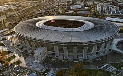 Puskas Arena, aerial view, Hungarian football stadium, evening, sunset, Budapest cityscape, sports arenas, Budapest, Hungary