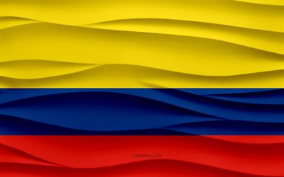 4k, Flag of Colombia, 3d waves plaster background, Colombia flag, 3d waves texture, Colombia national symbols, Day of Colombia, European countries, 3d Colombia flag, Colombia, South America, Colombian flag
