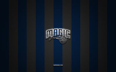orlando magic logotipo, time americano de basquete, nba, azul cinza carbono de fundo, orlando magic emblema, basquete, orlando magic prata logotipo de metal, orlando magic