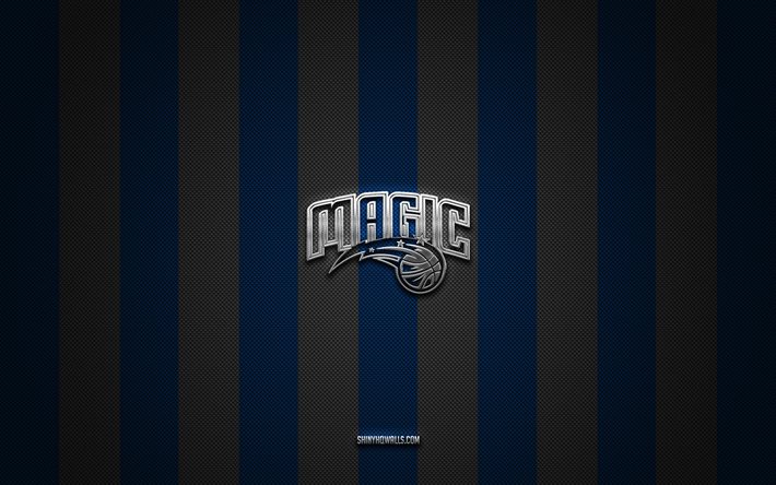 オーランド・マジックのロゴ, アメリカのバスケットボールチーム, nba, 青灰色の炭素の背景, オーランド・マジックのエンブレム, バスケットボール, オーランド・マジックのシルバーメタルのロゴ, オーランド・マジック