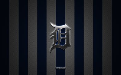 logotipo de los tigres de detroit, club de béisbol estadounidense, mlb, fondo de carbono blanco azul, emblema de los tigres de detroit, béisbol, tigres de detroit, ee uu, major league baseball, logotipo de metal plateado de los tigres de detroit