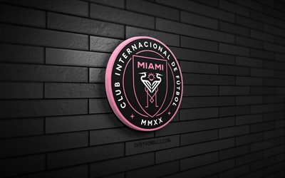 Inter Miami 3D logo, 4K, black brickwall, MLS, soccer, american soccer club, Inter Miami logo, football, Inter Miami, sports logo, Inter Miami FC