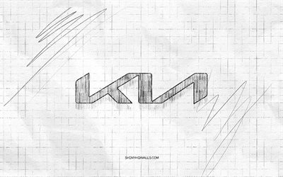 logo dello schizzo kia, 4k, sfondo di carta a scacchi, logo nero kia, marchi automobilistici, schizzi logo, logo kia, disegno a matita, kia