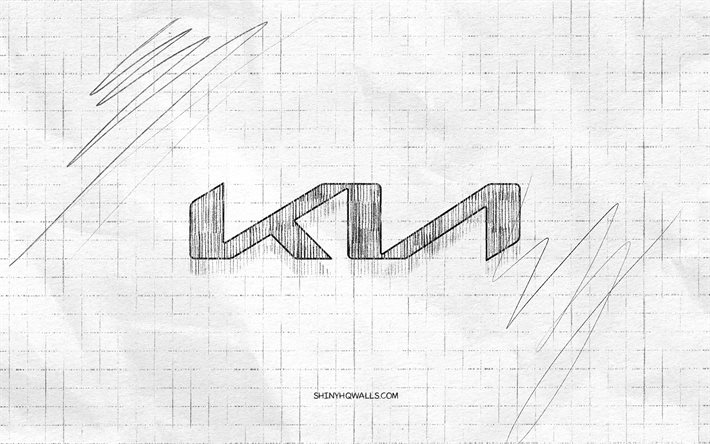 kia スケッチ ロゴ, 4k, 市松模様の紙の背景, 起亜黒ロゴ, 車のブランド, ロゴスケッチ, 起亜のロゴ, 鉛筆画, 起亜