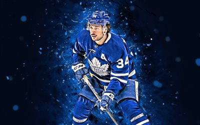 Auston Matthews, 4k, blue neon lights, Toronto Maple Leafs, NHL, hockey, Auston Matthews 4K, blue abstract background, Auston Matthews Toronto Maple Leafs
