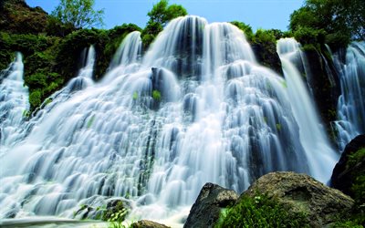 Shaki waterfall, summer, cliffs, beautiful nature, Armenia, Asia, waterfalls, armenian landmarks, HDR