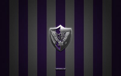 logotipo del centro atlético fenix, club de fútbol de uruguay, primera división de uruguay, fondo de carbono blanco púrpura, emblema del centro atlético fenix, fútbol, ​​centro atlético fenix, uruguay, logotipo de metal plateado del centro atlético fenix