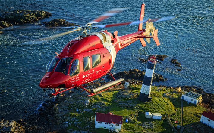 bell 429 globalranger, 4k, guardia costiera canadese, elicotteri di soccorso, elicottero rosso, aereo civile, aereo, bell
