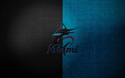 Miami Marlins badge, 4k, blue white fabric background, MLB, Miami Marlins logo, baseball, sports logo, Miami Marlins flag, american baseball team, Miami Marlins