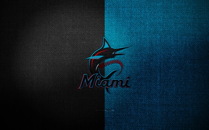 شارة ميامي مارلينز, 4k, أزرق نسيج أبيض الخلفية, mlb, شعار ميامي مارلينز, البيسبول, شعار رياضي, علم ميامي مارلينز, فريق البيسبول الأمريكي, ميامي مارلينز