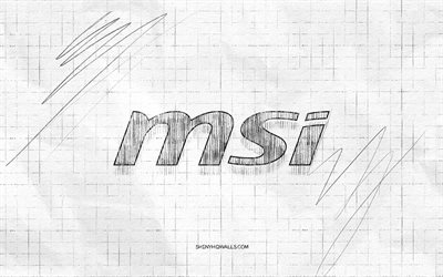 msi 스케치 로고, 4k, 체크 무늬 종이 배경, msi 블랙 로고, 브랜드, 로고 스케치, msi 로고, 연필 드로잉, msi